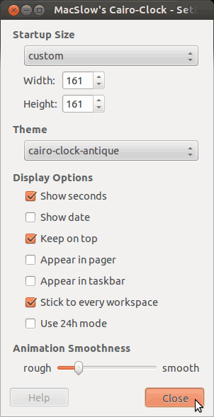 Clock's settings window